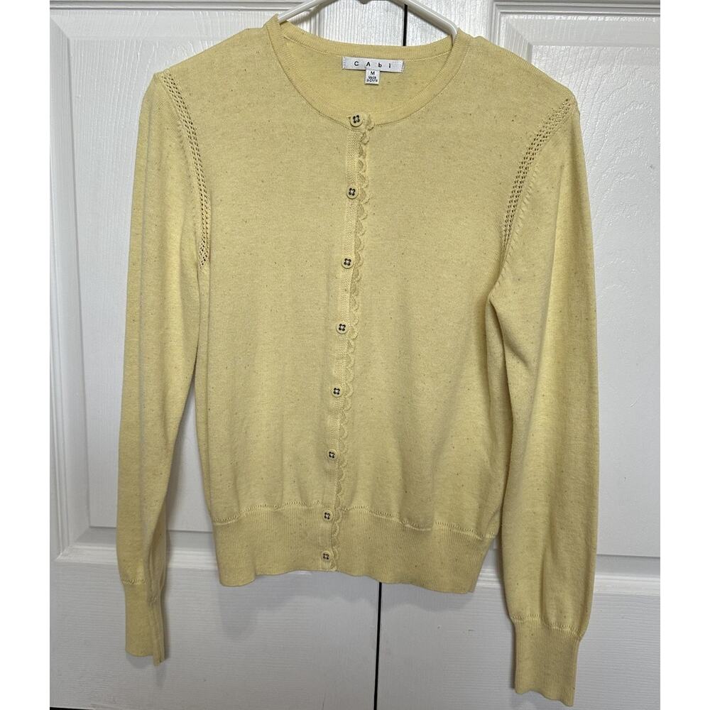 CAbi Butter Yellow Cardigan Cotton Sweater cottagecore. Lace Trim Preppy M